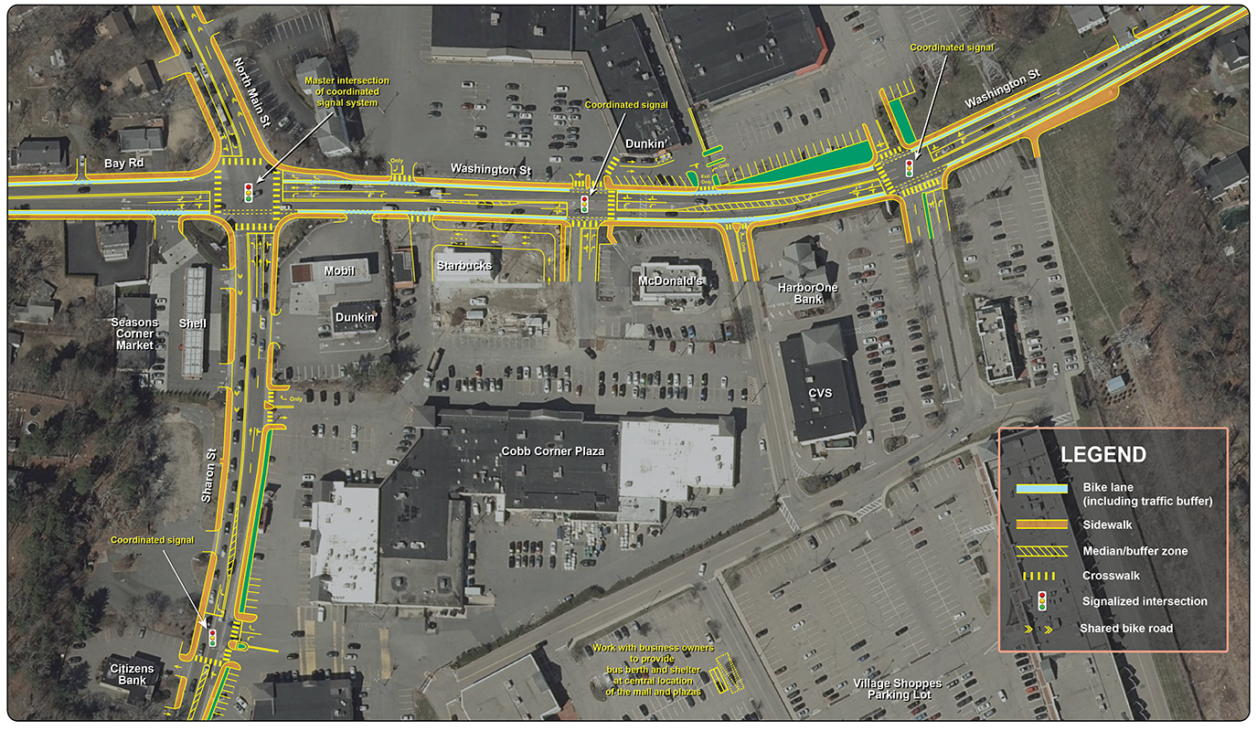 Figure 21: Cobb Corner Section Conceptual Plan
This figure displays an aerial satellite image with proposed improvements in the Cobb Corner section of the Washington Street corridor. Multiple intersection improvements are proposed at the main intersection of Route 27/Sharon Street and Washington Street, as well as at various plaza driveways along Washington Street and Sharon Street.
Figure 21: Cobb Corner Section Conceptual Plan
This figure displays an aerial satellite image with proposed improvements in the Cobb Corner section of the Washington Street corridor. Multiple intersection improvements are proposed at the main intersection of Route 27/Sharon Street and Washington Street, as well as at various plaza driveways along Washington Street and Sharon Street.